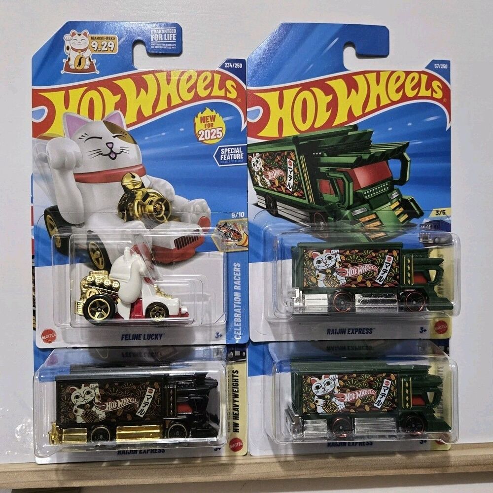 Hot Wheels Lot of 4, Feline Lucky White + Raijin Express Green Black Lot